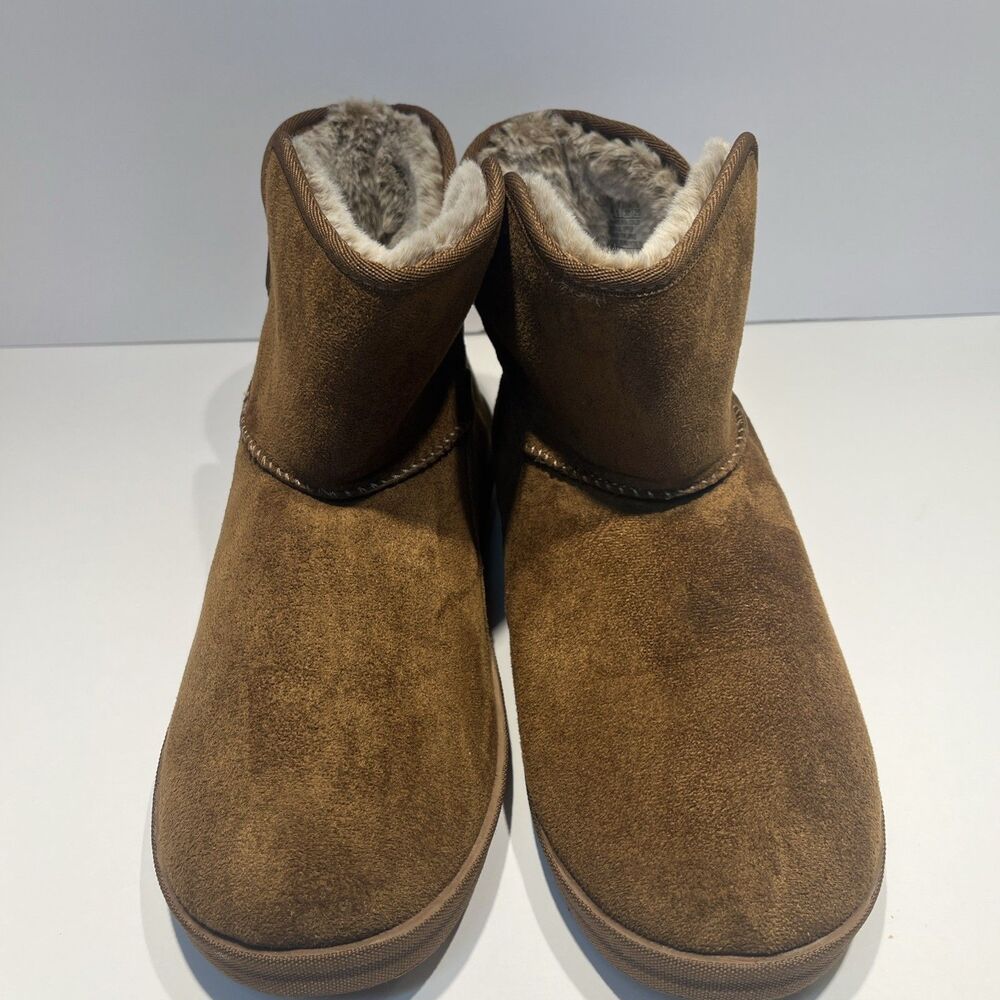 Skechers Slipper Ankle Boots Womens 8 Chestnut Brown Faux Suede Fur Lined Shoes